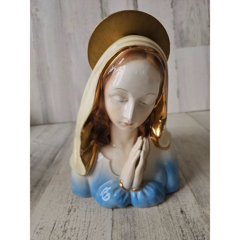 Virgin Mary vintage vase praying statue ceramic basket trinket large 9" tall x 7